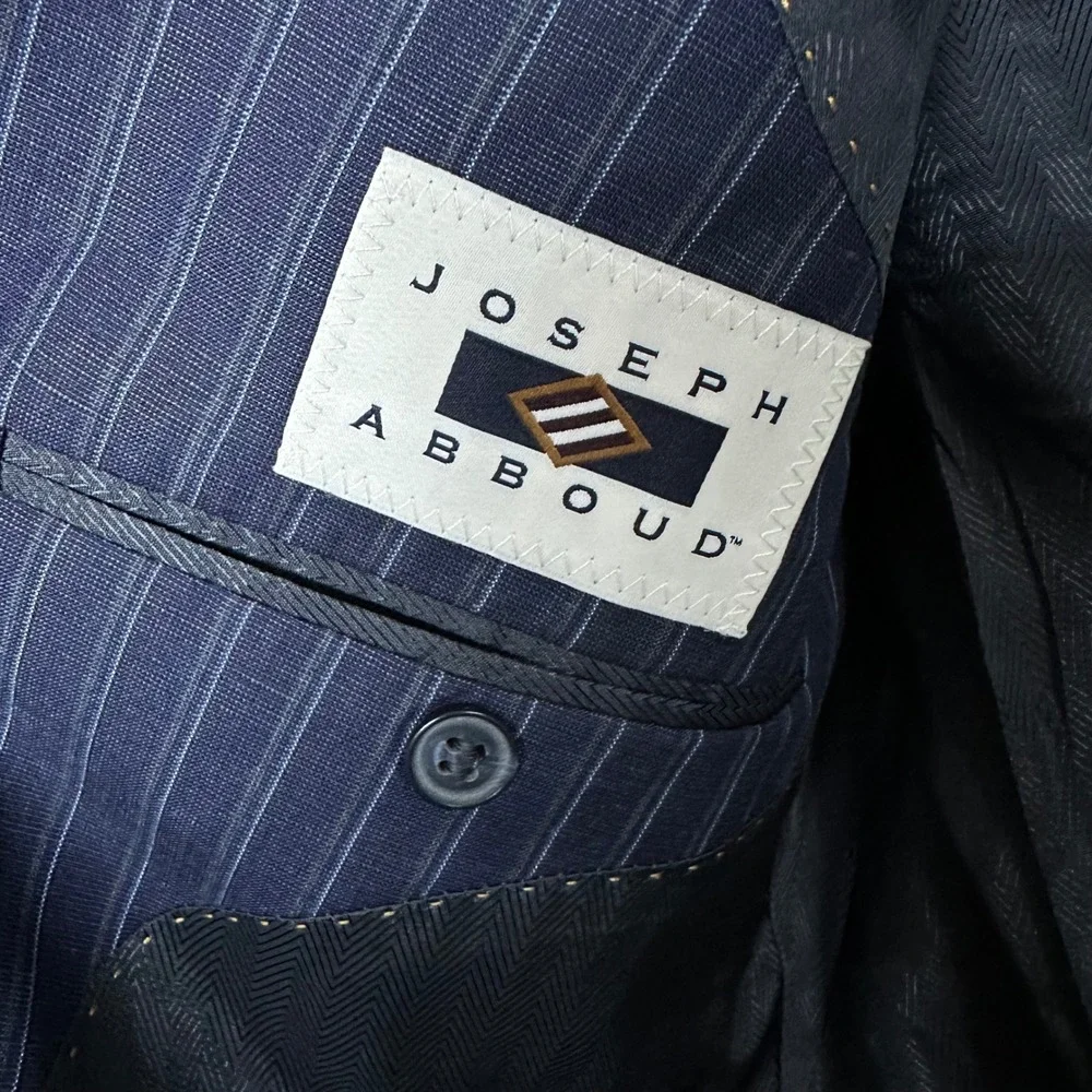 Joseph Abboud Mens 44L Navy Pinstripe Wool Linen Mohair Blazer Sport Coat USA